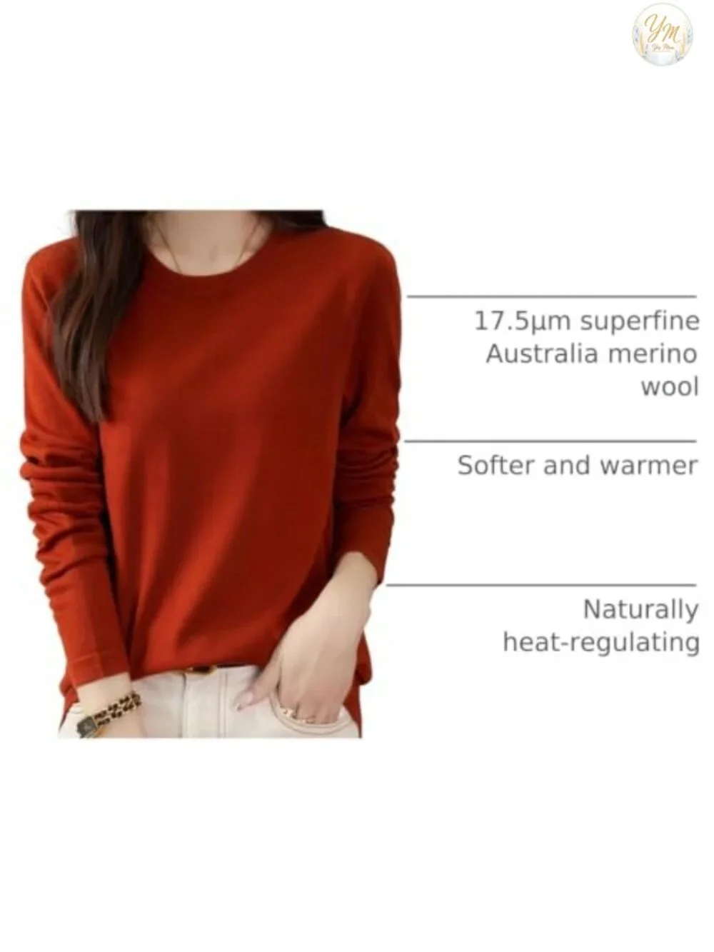 100% Merino Wool Women's Crewneck Long Sleeve Pullover Sweater Base Layer,